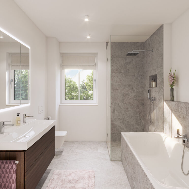 THA32 | Bathroom Visualisierung eines Badezimmers mit Regendusche, Badewanne und Doppelwaschtischs einer Neubauwohnung eines Mehrfamilienhauses mit fünf Wohnungen und Tiefgarage von DOMINO Bau in der Thaddäus-Eck-Straße in München-Obermenzing