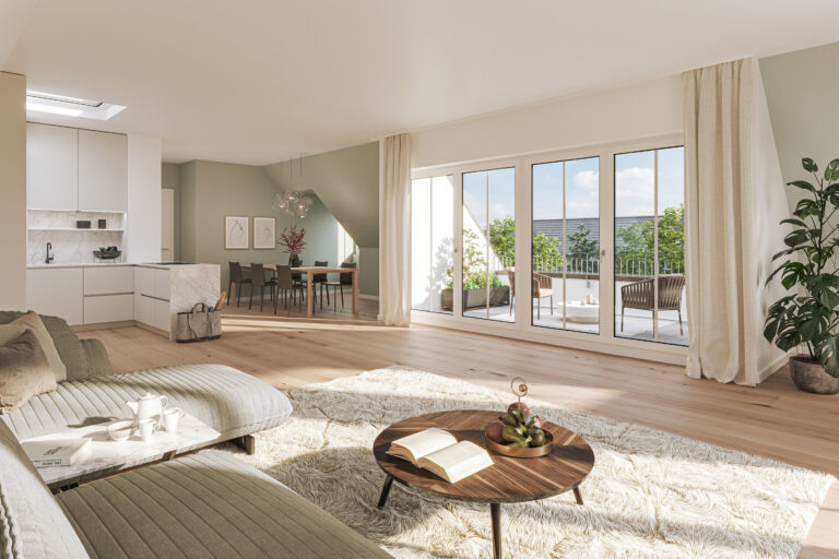 THA32 | Livingroom (Top floor) Visualisierung des Wohn- und Essbereichs sowie der Küche eines Mehrfamilienhauses mit fünf Wohnungen und Tiefgarage von DOMINO Bau in der Thaddäus-Eck-Straße in München-Obermenzing