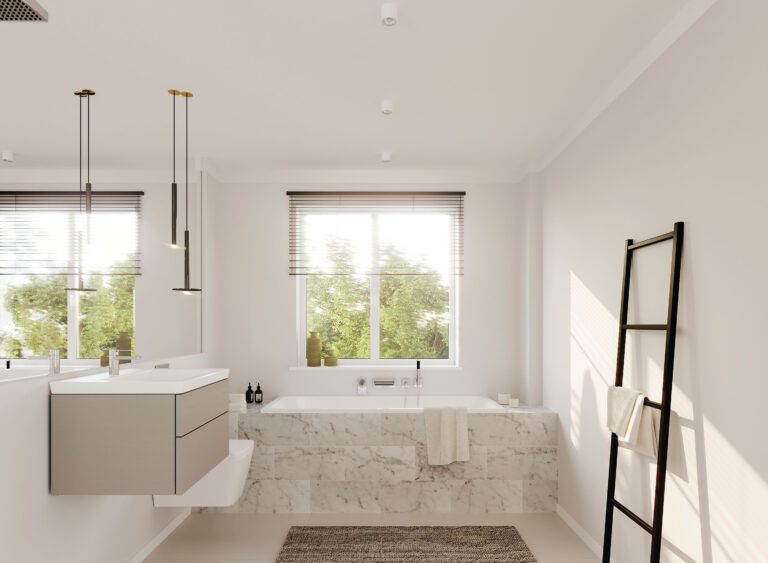 ZI08 | Bathroom Visualisierung eines luxuriösen Badezimmers einer Neubau Wohnung von DOMINO Bau in München Denning
