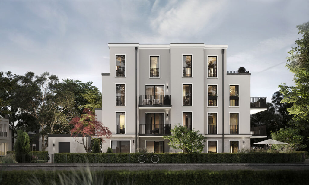 Visualisierung eines Mehrfamilienhauses von DOMINO Bau am Christoph-von-Gluck-Platz in München-Milbertshofen