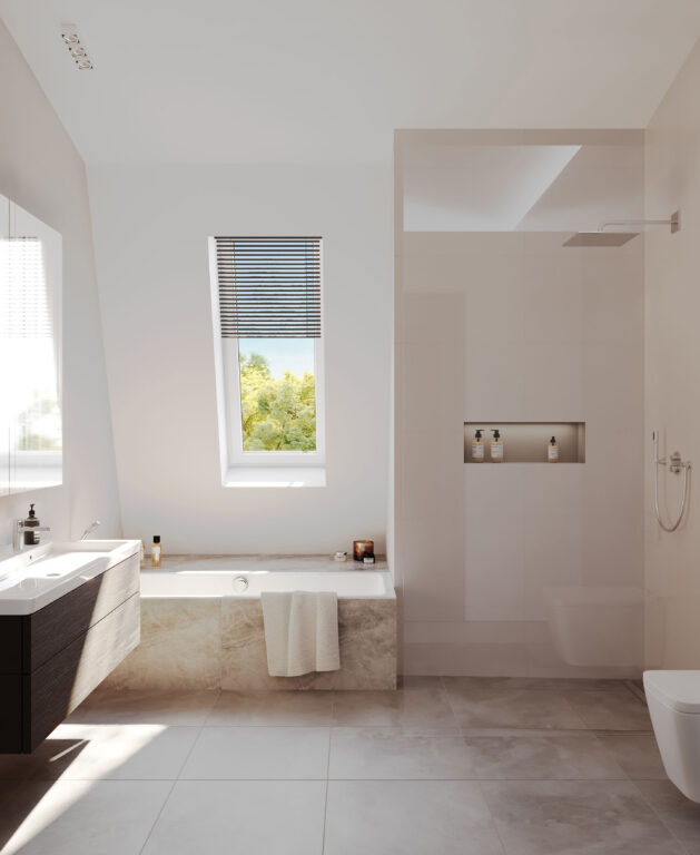 GS23 | Bathroom Visualisierung eines Badezimmers im Neubau-Mehrfamilienhauses von DOMINO Bau in München-Trudering