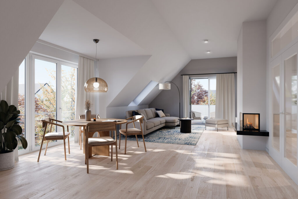 Visualization of the living and dining area as well as the kitchen of an attic apartment of a new multi-family house with three apartments by DOMINO Bau in Munich Solln