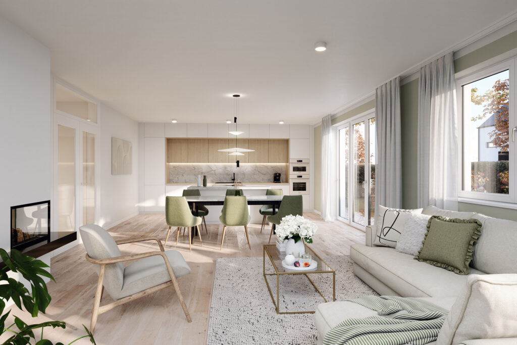 Visualization of the living and dining area as well as the kitchen of an apartment in a new apartment building with three apartments by DOMINO Bau in Munich Solln