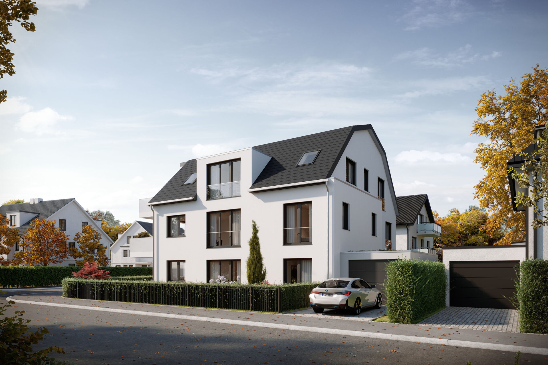Visualisierung eines Neubau Mehrfamilienhauses mit drei Wohnungen von DOMINO Bau in München Solln