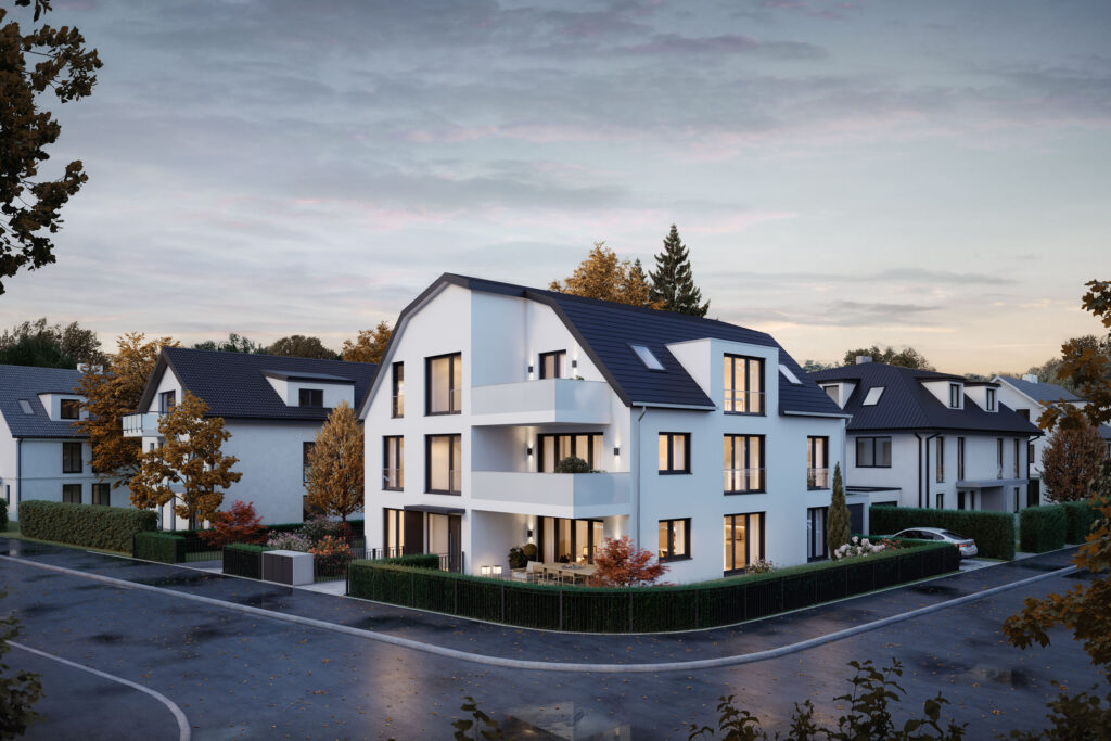 Visualisierung eines Neubau Mehrfamilienhauses mit drei Wohnungen von DOMINO Bau in München Solln