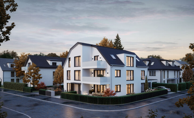 Visualisierung eines Neubau Mehrfamilienhauses mit drei Wohnungen von DOMINO Bau in München Solln