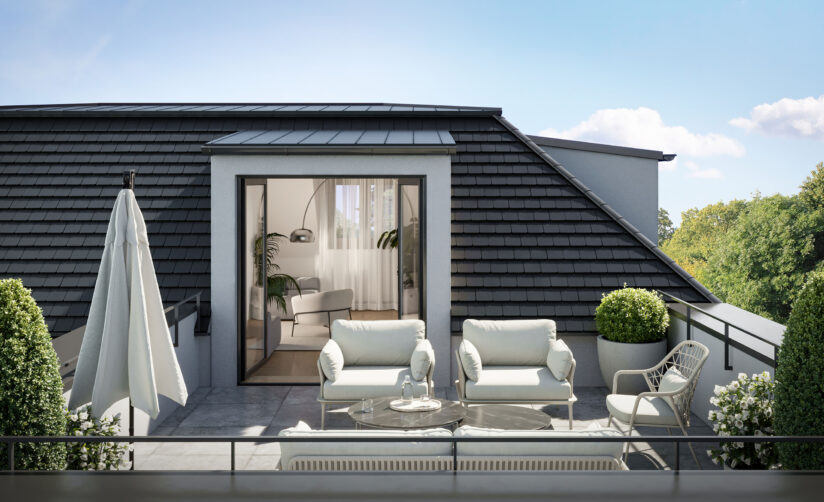 Dachterrasse eines Neubaumehrfamilienhauses