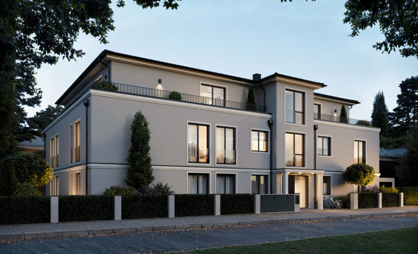 Visualisierung eines Neubau Mehrfamilienhauses mit fünf Wohnungen von DOMINO Bau in München Nymphenburg
