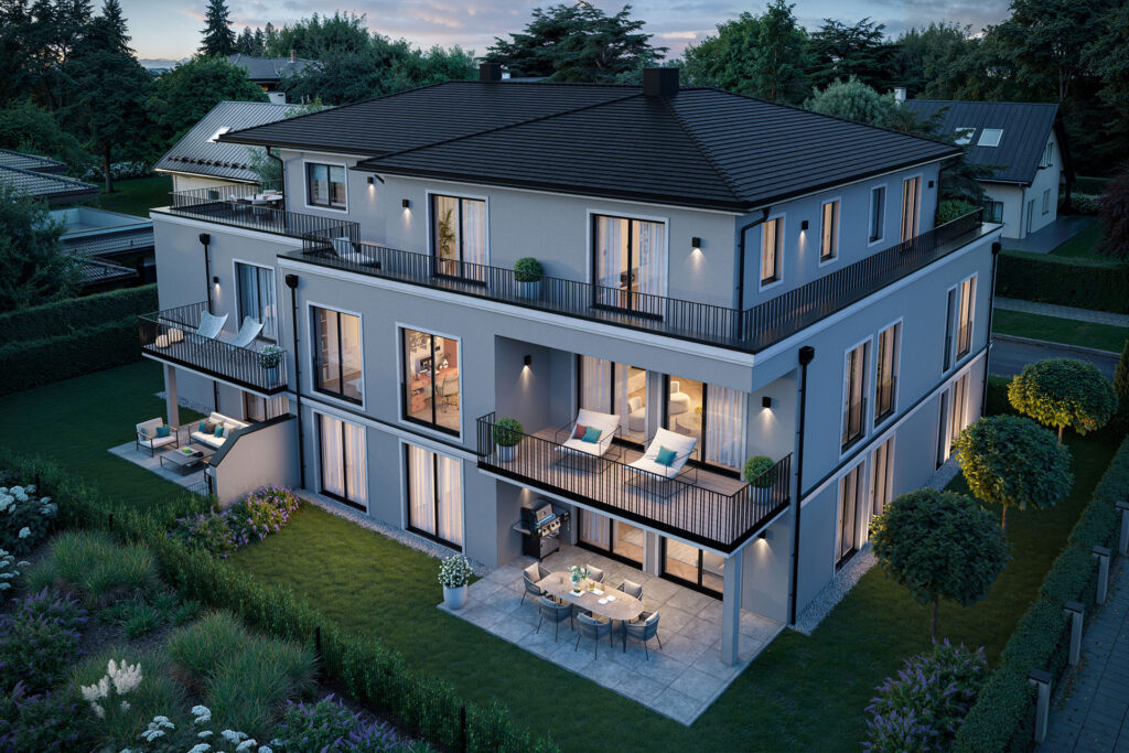 Visualization of a new apartment building with five apartments by DOMINO Bau in Munich Nymphenburg