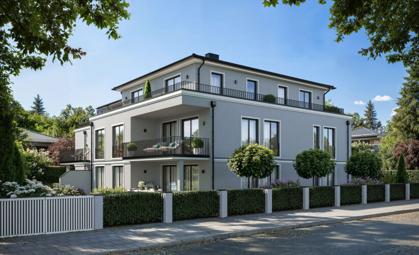 Visualisierung eines Neubau Mehrfamilienhauses mit fünf Wohnungen von DOMINO Bau in München Nymphenburg