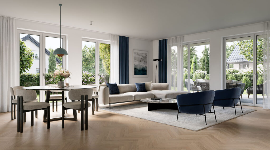 Visualization of the living and dining area of a first floor apartment of a new apartment building with five apartments by DOMINO Bau in Munich Nymphenburg