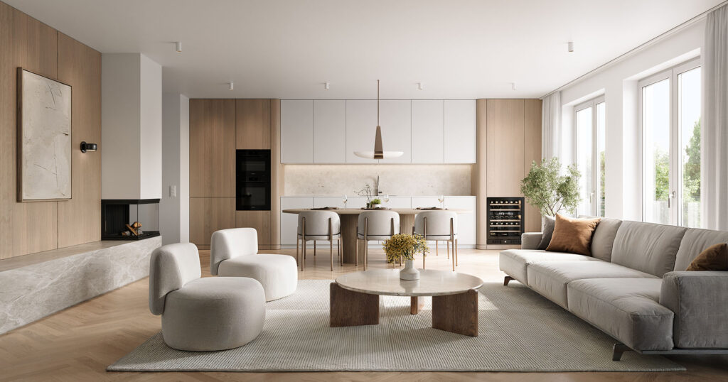 Visualization of the living and dining area as well as the kitchen of an apartment in a new apartment building with five apartments by DOMINO Bau in Munich Nymphenburg