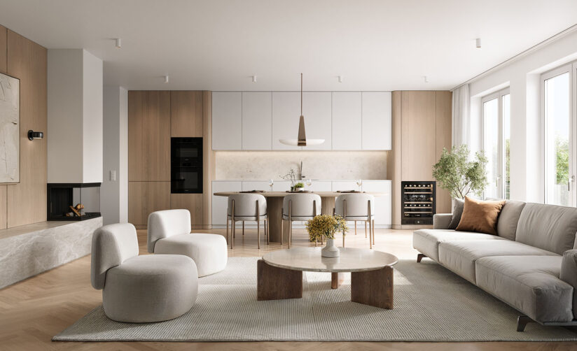 Visualisierung des Wohn- und Essbereichs sowie der Küche einer Wohnung eines Neubau Mehrfamilienhauses mit fünf Wohnungen von DOMINO Bau in München Nymphenburg
