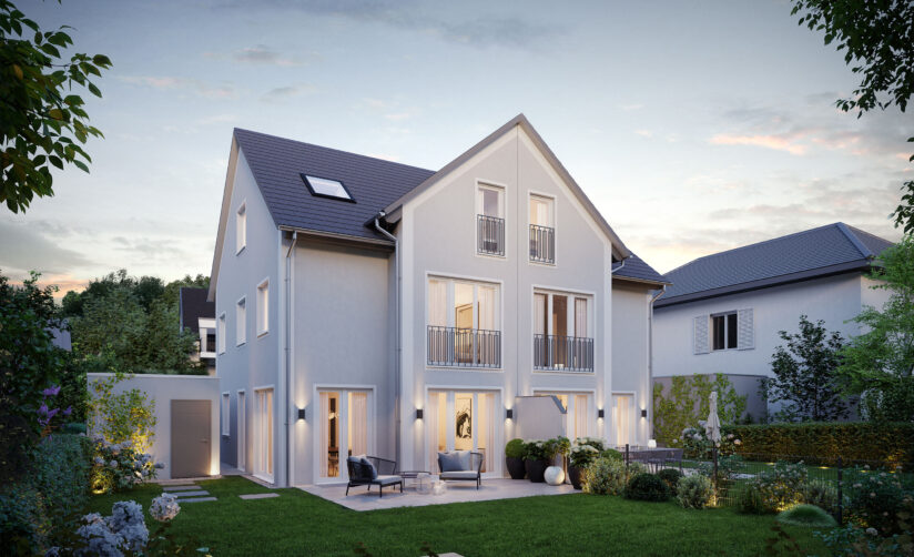Visualisierung einer Neubau Doppelhaushälfte von DOMINO Bau in Oberschleißheim; Gartenansicht