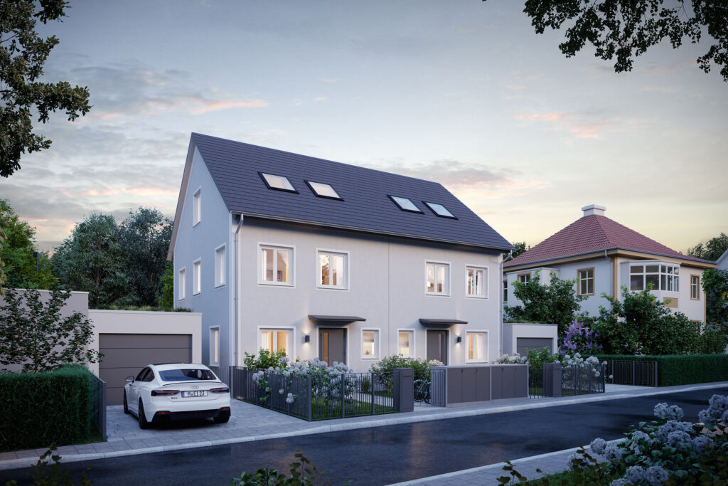 EI23 | Streetview Southeast Außenansicht einer Neubau Doppelhaushälfte von DOMINO Bau in Oberschleißheim; Straßenseitig