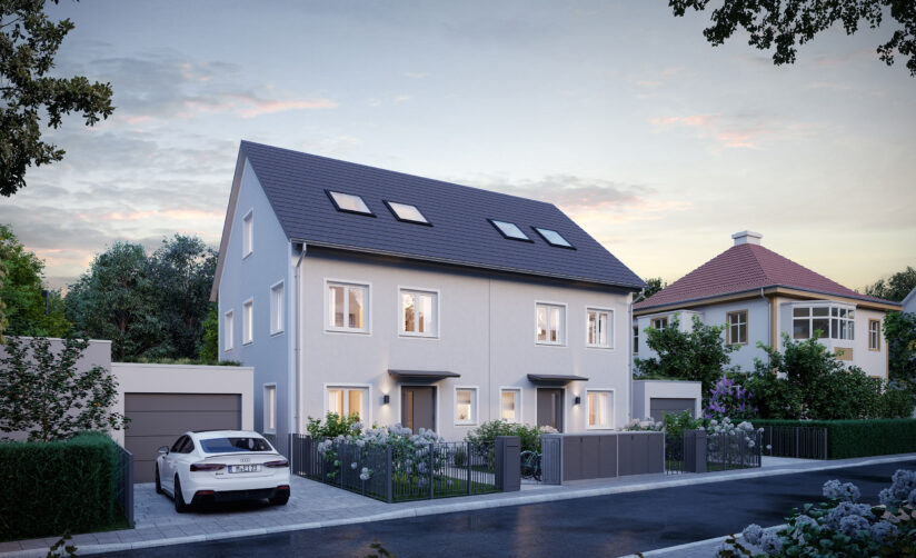 Außenansicht einer Neubau Doppelhaushälfte von DOMINO Bau in Oberschleißheim; Straßenseitig
