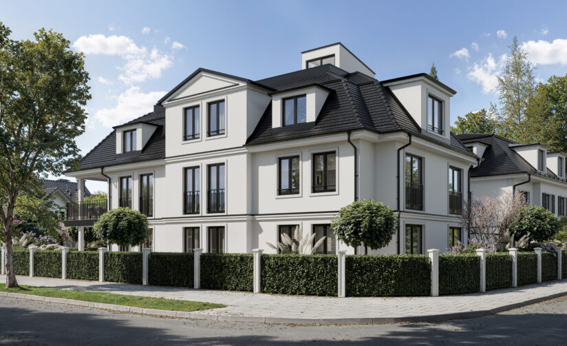 Visualisierung einer Dreifamilienvilla von DOMINO Bau in München Bogenhausen, Tagesansicht, Ansicht Süd-Ost