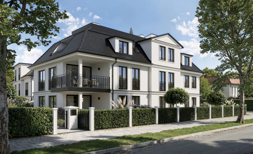 Visualisierung einer Dreifamilienvilla von DOMINO Bau in München Bogenhausen, Tagesansicht , Blick von der Straße