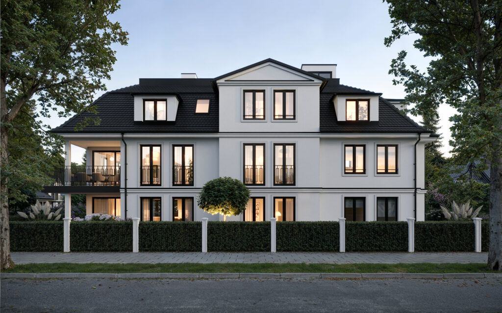 Visualisierung einer Dreifamilienvilla von DOMINO Bau in München Bogenhausen, Abendansicht, Ansicht Süd