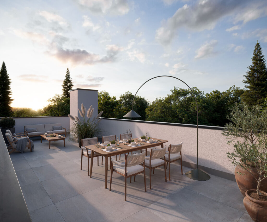 Visualization of the roof terrace of a three-family villa by DOMINO Bau in Munich Bogenhausen, evening mood