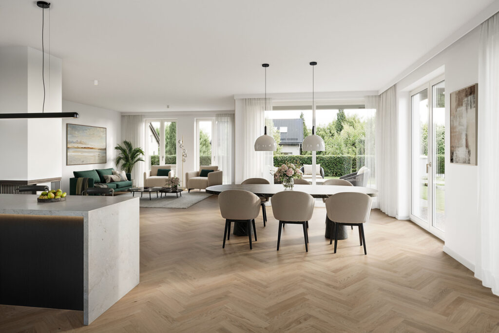 Visualization of the living room on the ground floor of a three-family villa by DOMINO Bau in Munich's Bogenhausen district