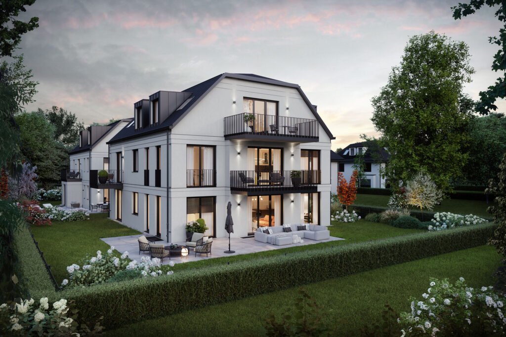 Visualization of a multi-family housing complex with six apartments by DOMINO Bau in Munich Solln, garden view of House 2 at dusk