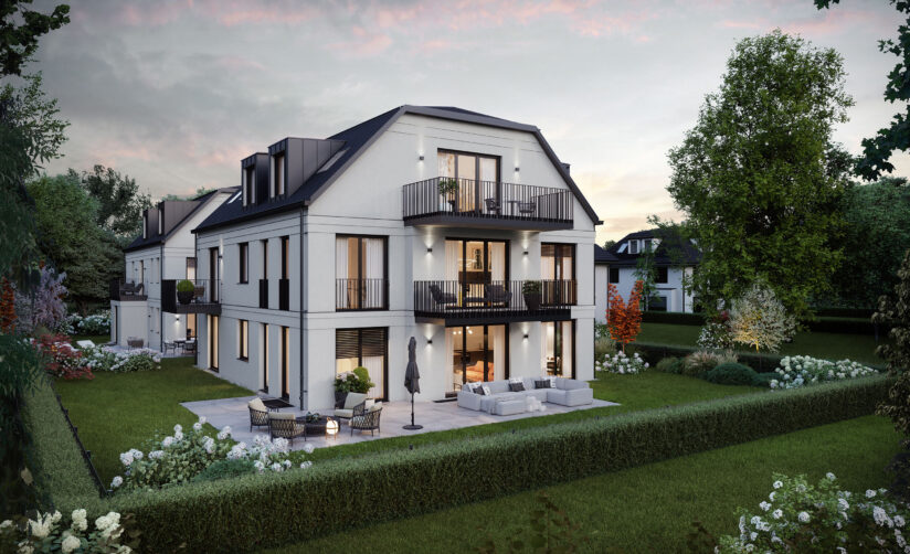Visualisierung eines Mehrfamilienhaus-Ensembles mit sechs Wohnungen von DOMINO Bau in München Solln, Gartenansicht Haus 2 bei Abendstimmung