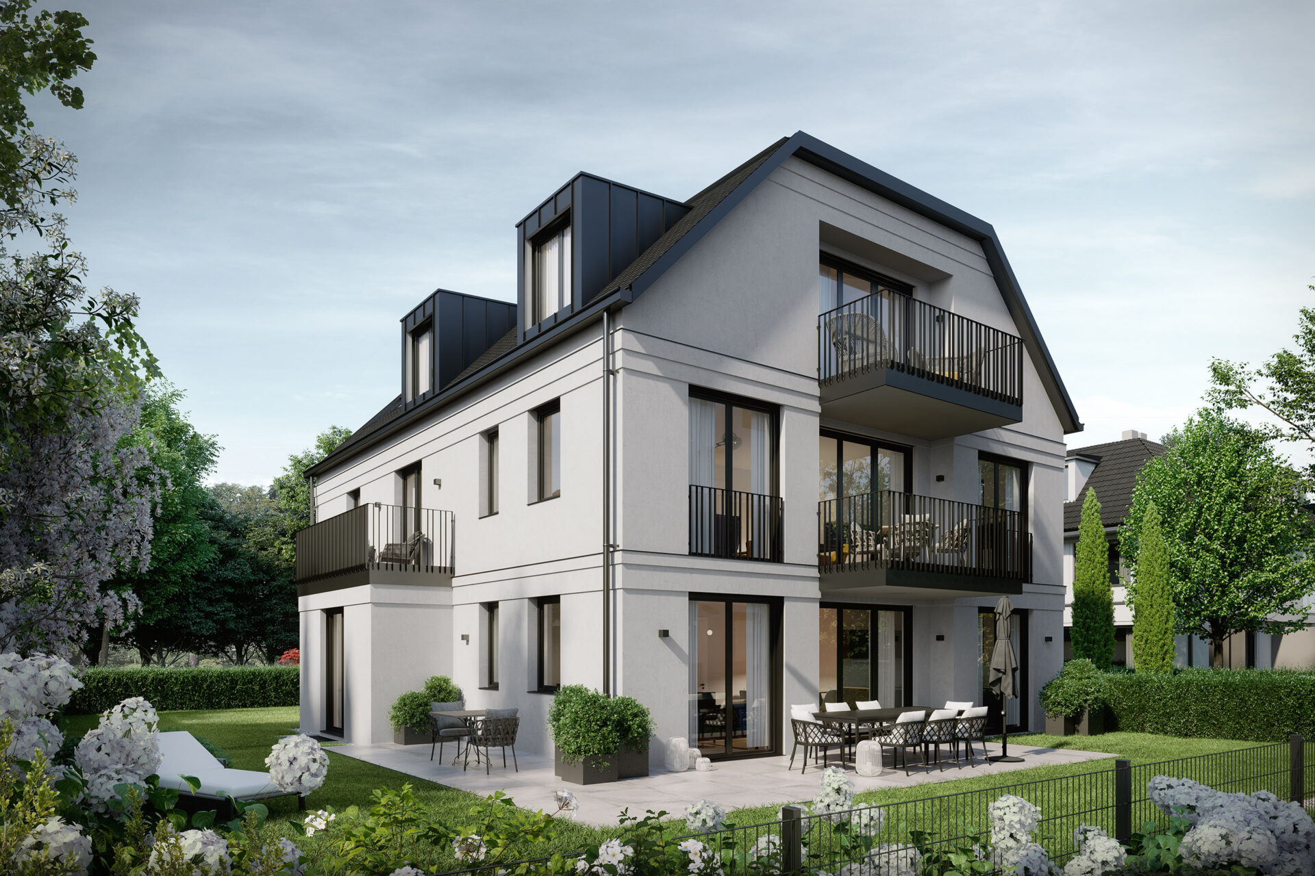 Visualisierung eines Mehrfamilienhaus-Ensembles mit sechs Wohnungen von DOMINO Bau in München Solln, Gartenansicht