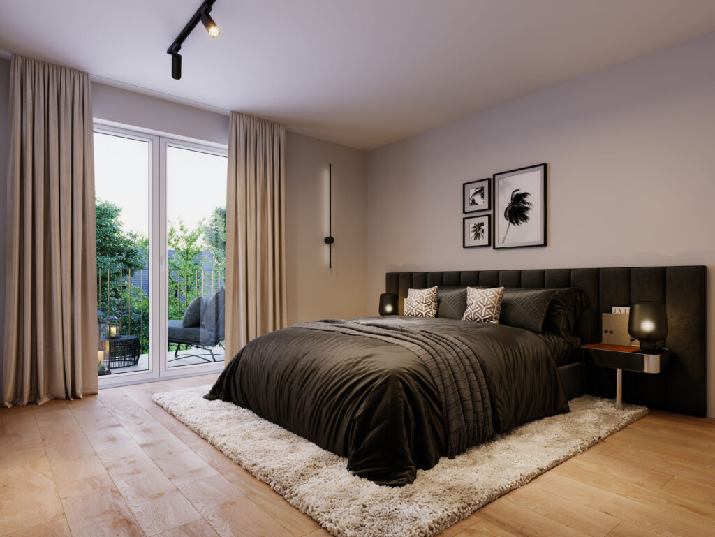 Visualisierung des Schlafzimmers eines Mehrfamilienhaus-Ensembles mit sechs Wohnungen von DOMINO Bau in München Solln