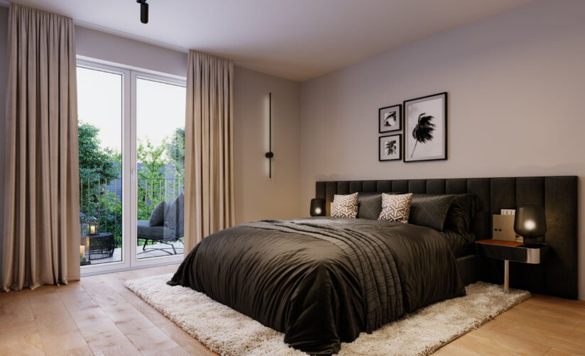 Visualisierung des Schlafzimmers eines Mehrfamilienhaus-Ensembles mit sechs Wohnungen von DOMINO Bau in München Solln