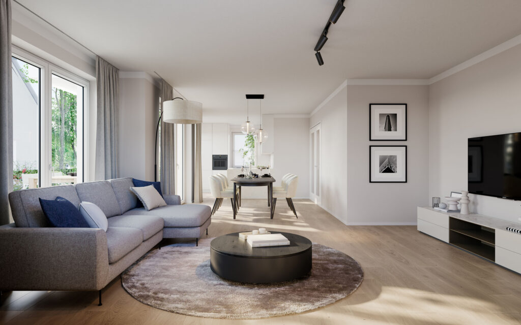Visualization of the living room of an apartment building ensemble with six apartments by DOMINO Bau in Munich Solln