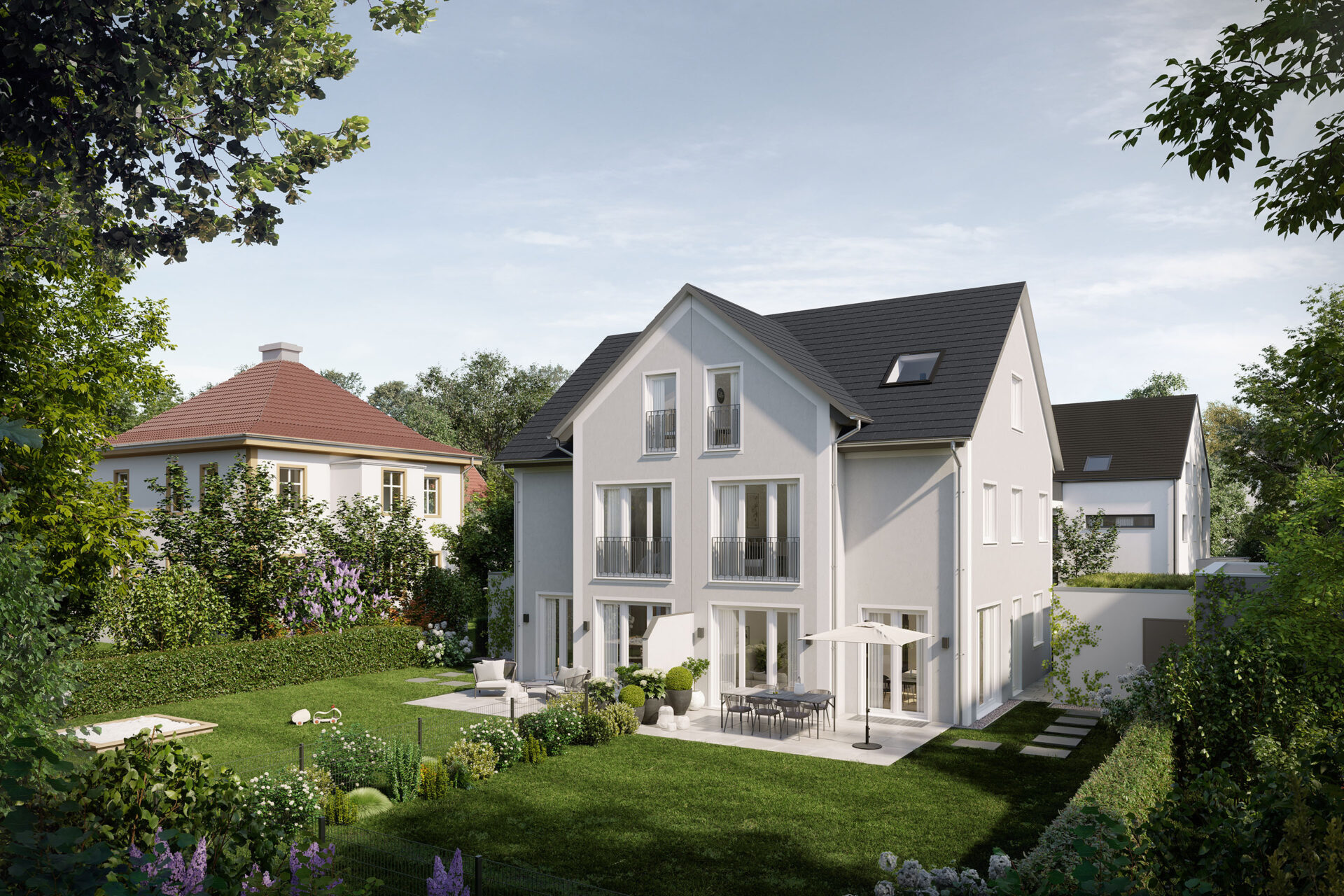 Visualisierung Gartenansicht eines Doppelhauses von DOMINO Bau in Oberschleißheim