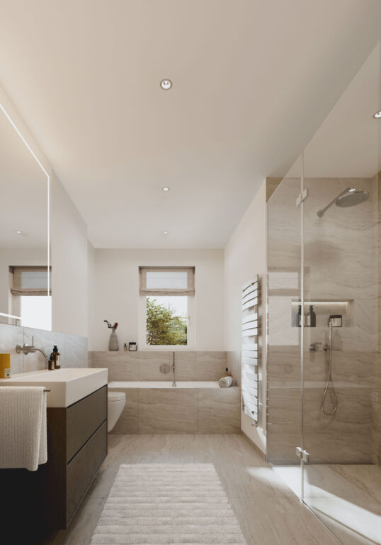 GR29 | Bathroom Visualisierung des Bades eines Mehrfamilienhauses mit fünf Wohnungen von DOMINO Bau in München Solln, Dachgeschoss