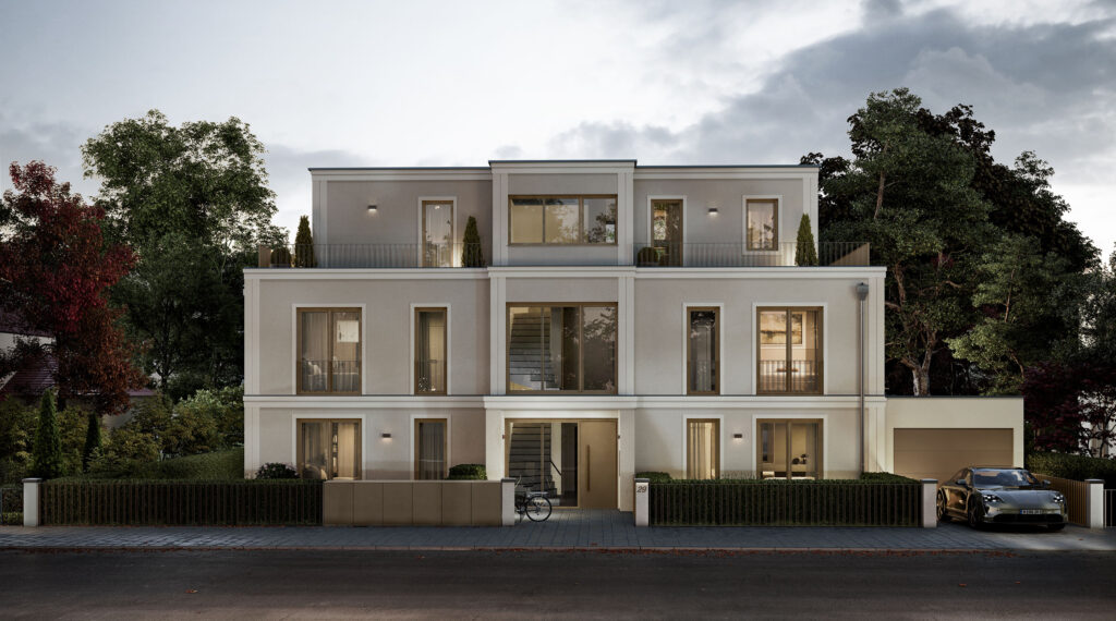 GR29 | Straßenansicht Blue Hour Visualisierung eines Mehrfamilienhauses mit fünf Wohnungen von DOMINO Bau in München Solln, Straßenansicht Abendstimmung