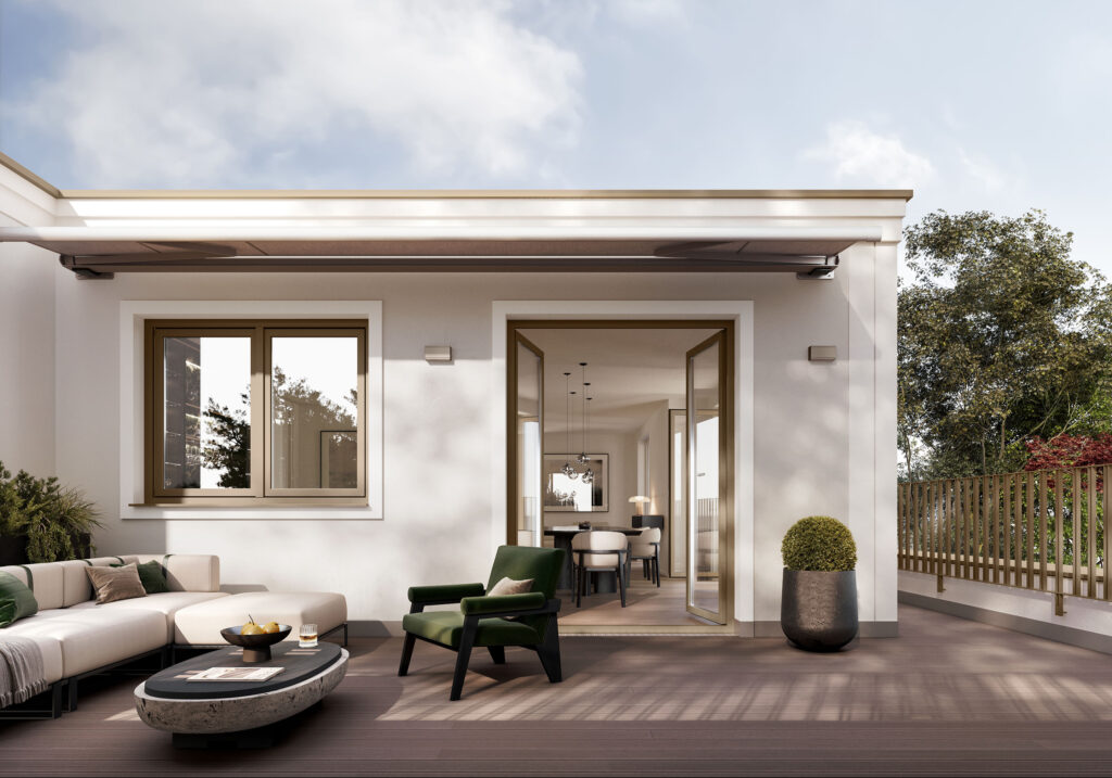 Visualisierung der Dachterrasse eines Mehrfamilienhauses mit fünf Wohnungen von DOMINO Bau in München Solln