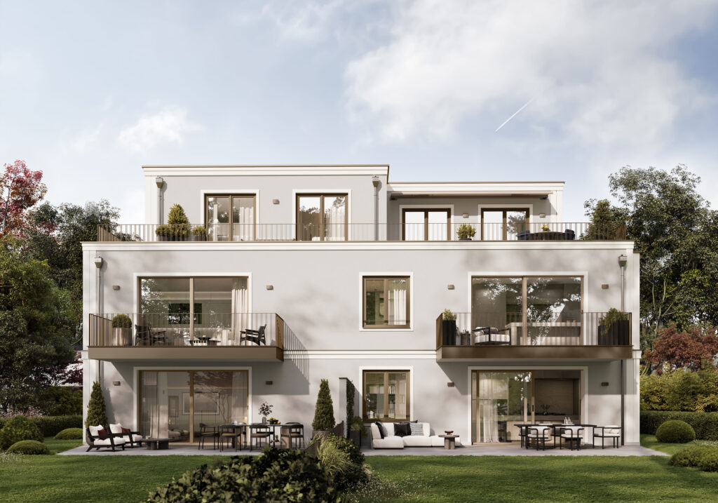 Visualisierung eines Mehrfamilienhauses mit fünf Wohnungen von DOMINO Bau in München Solln, Gartenansicht