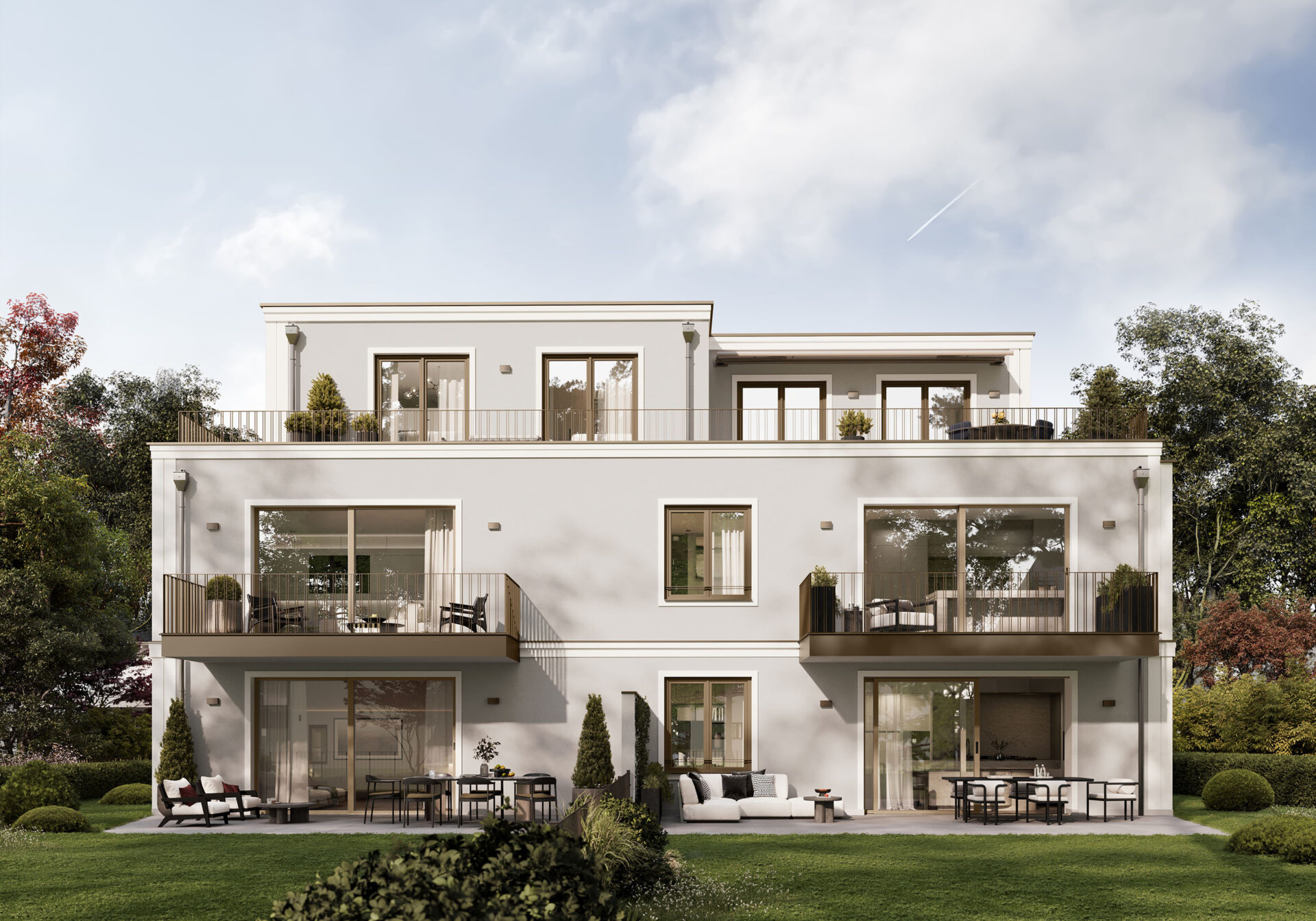 Visualisierung eines Mehrfamilienhauses mit fünf Wohnungen von DOMINO Bau in München Solln, Gartenansicht