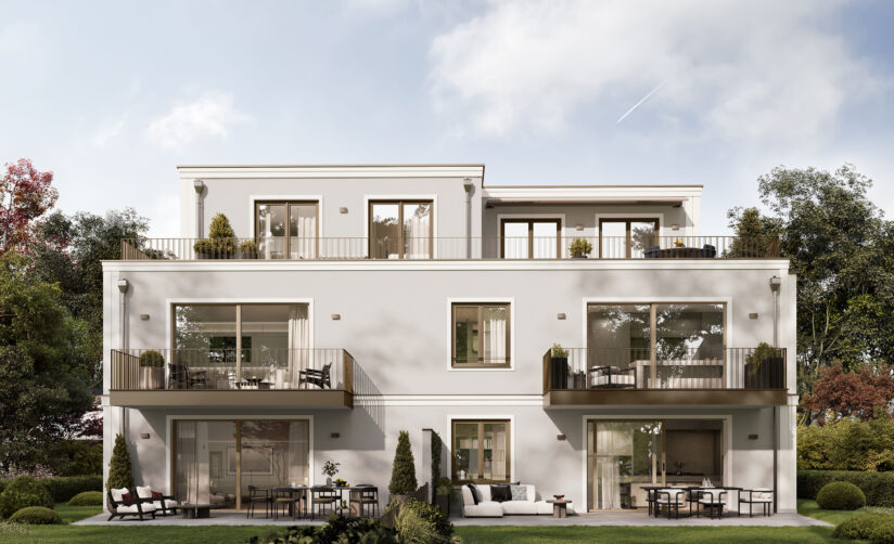 Visualisierung eines Mehrfamilienhauses mit fünf Wohnungen von DOMINO Bau in München Solln, Gartenansicht
