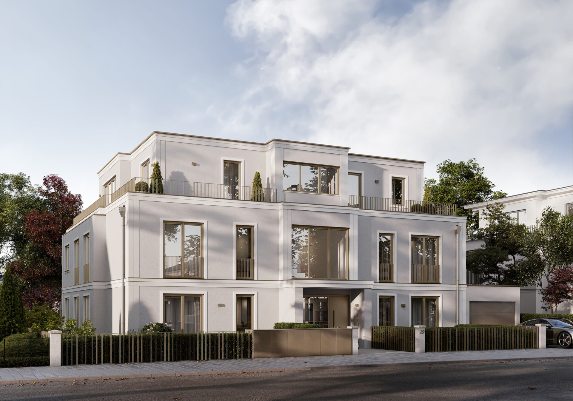 Visualisierung eines Mehrfamilienhauses mit fünf Wohnungen von DOMINO Bau in München Solln, Straßenansicht