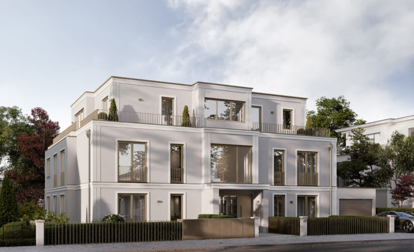 Visualisierung eines Mehrfamilienhauses mit fünf Wohnungen von DOMINO Bau in München Solln, Straßenansicht