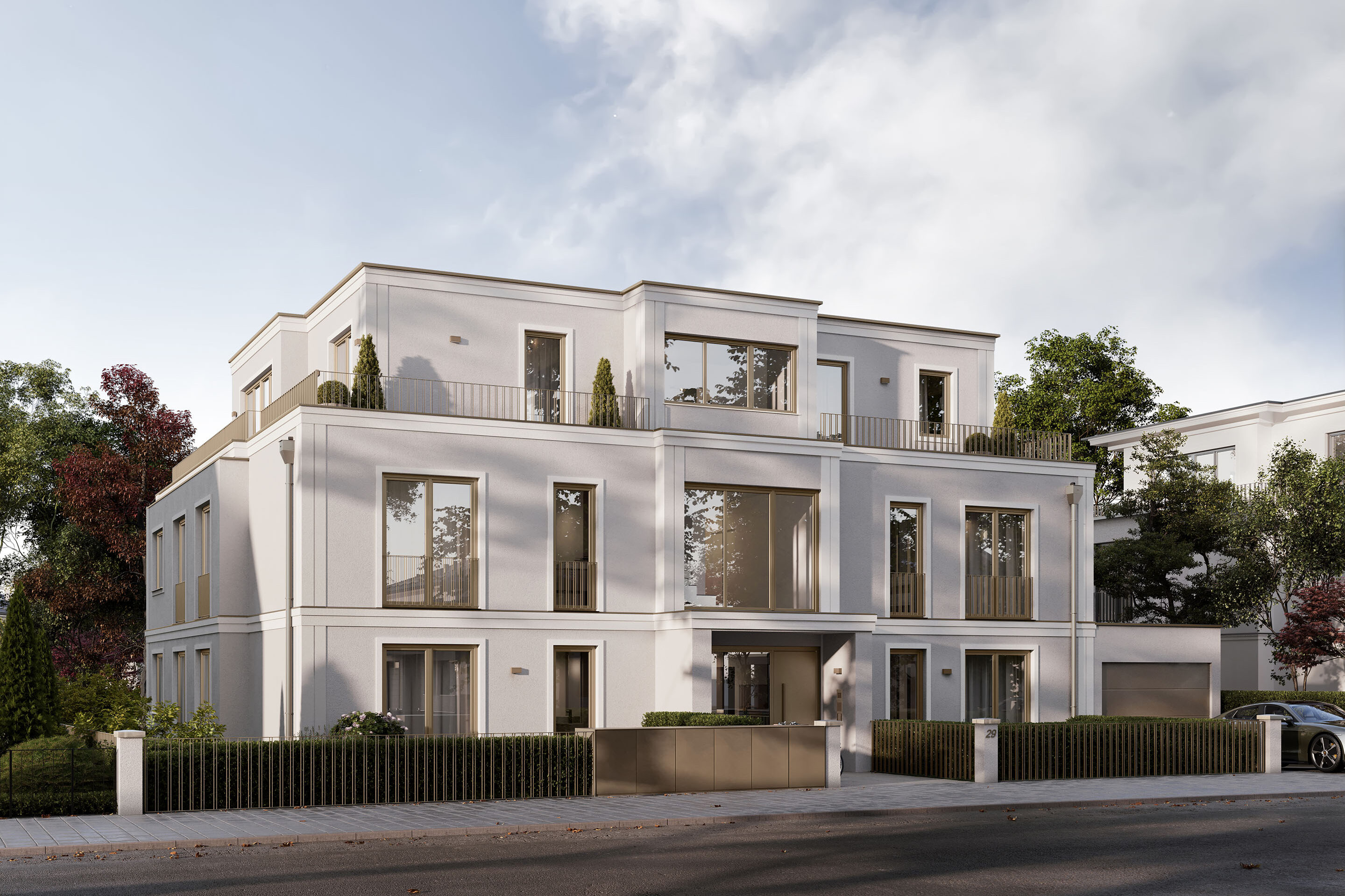 Visualization of an apartment building with five apartments by DOMINO Bau in Munich Solln, street view