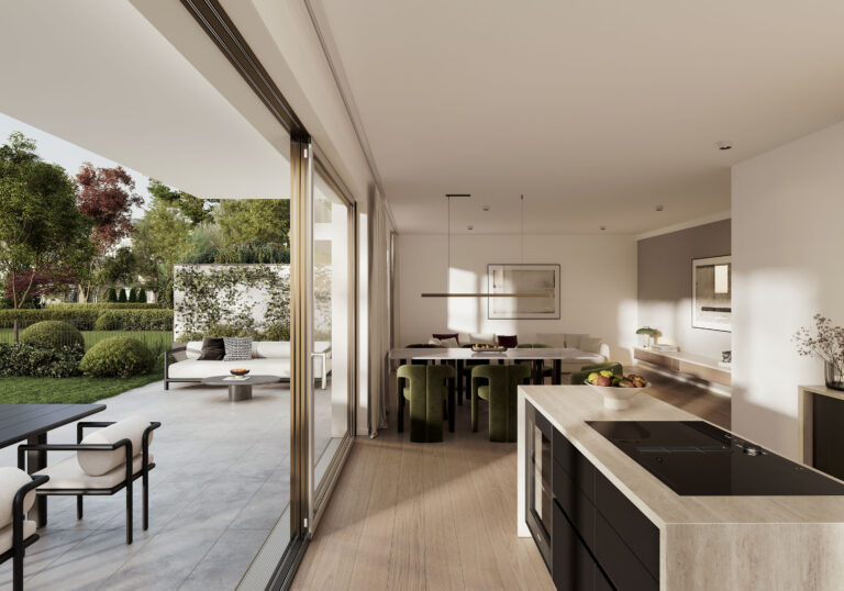 GR29 | Living Dining Cooking Visualisierung eines Wohnzimmers eines Mehrfamilienhauses mit fünf Wohnungen von DOMINO Bau in München Solln, Erdgeschoss mit Blick in den Garten