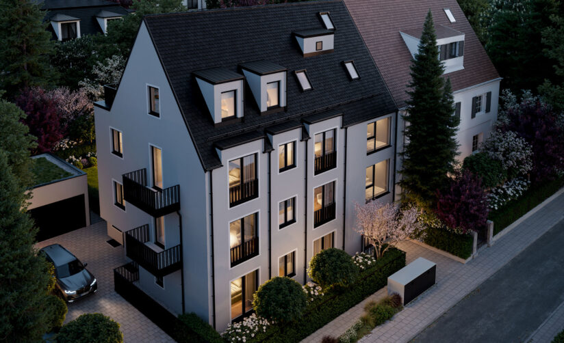 Visualisierung eines Mehrfamilienhauses mit vier Wohnungen von DOMINO Bau in München Obermenzing, Vogelperspektive Abendstimmung