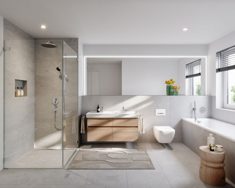 FA25 | Bathroom Visualisierung eines Bades von sechs Stadthäusern in Obermenzing von DOMINO Bau