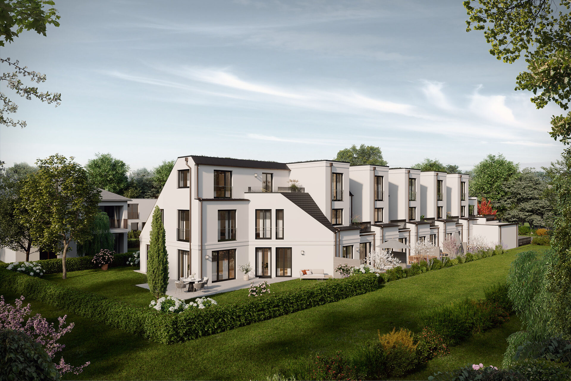 Gartenansicht, Visualisierung von sechs Stadthäusern in Obermenzing von DOMINO Bau