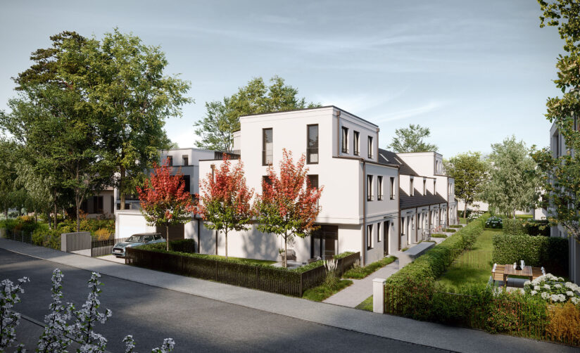 Straßenansicht, Visualisierung von sechs Stadthäusern in Obermenzing von DOMINO Bau