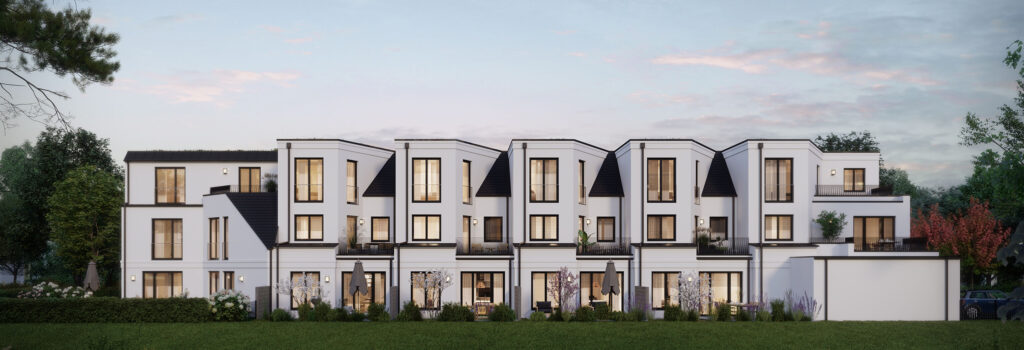 FA25 | Ansicht West Visualisierung von sechs Stadthäusern von DOMINO Bau in Obermenzing