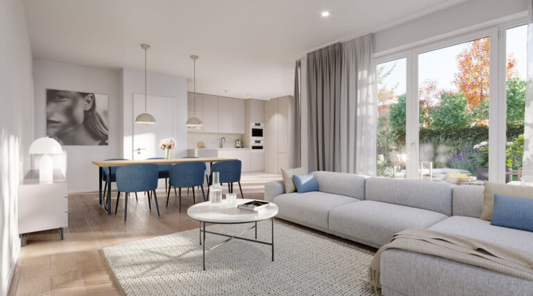 FA25 | Living Dining Cooking (house 6) Visualisierung Gartenansicht eines Doppelhauses von DOMINO Bau in Oberschleißheim