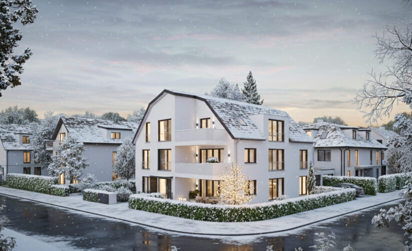 Visualisierung eines Neubau Mehrfamilienhauses mit drei Wohnungen von DOMINO Bau in München Solln