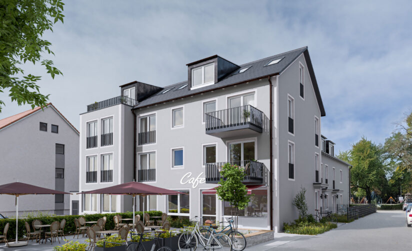 Illustration eines Mehrfamilienhauses mit Café im Erdgeschoss, Neubau von DOMINO Bau